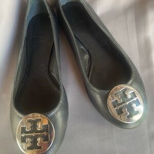 Tory Burch Black Leather Flats with Gold Logo Medallions
